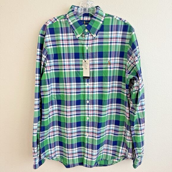 Polo Ralph Lauren Shirt Men's Medium Classic Fit Plaid Oxford Preppy Green Plaid - Picture 1 of 10